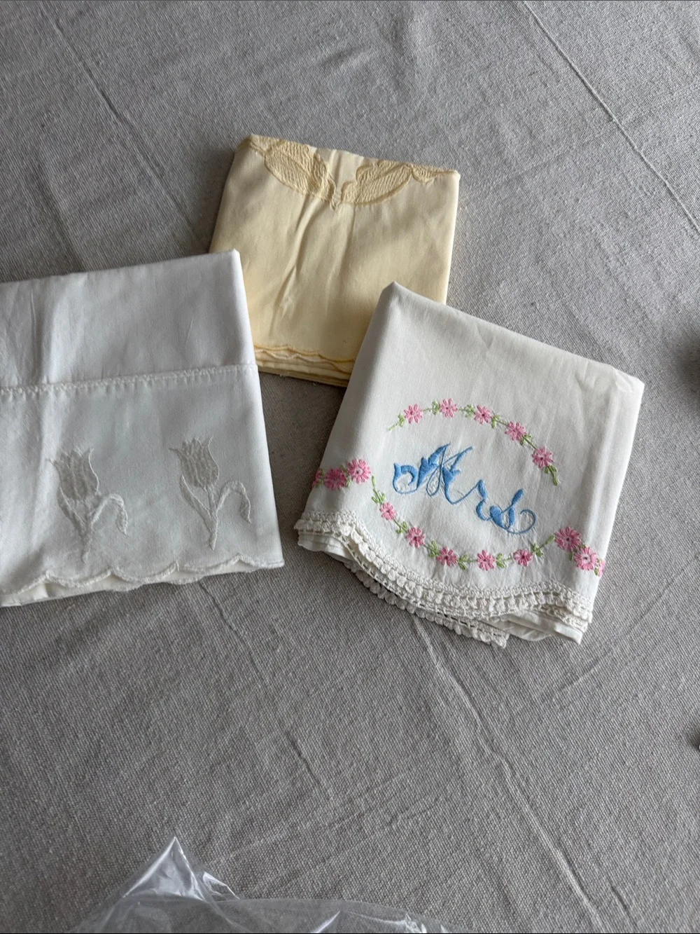 Vintage handmade set of 3 embroidered pillowcases